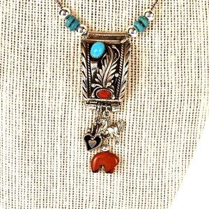 Western Jewelry, Coral and Turquoise Pendant, Vintage Necklace